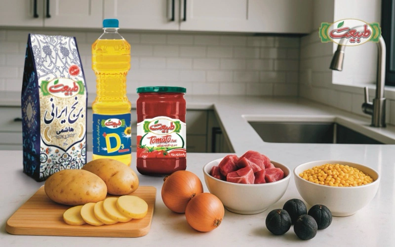 مواد اولیه مورد نیاز برای قیمه سیب زمینی